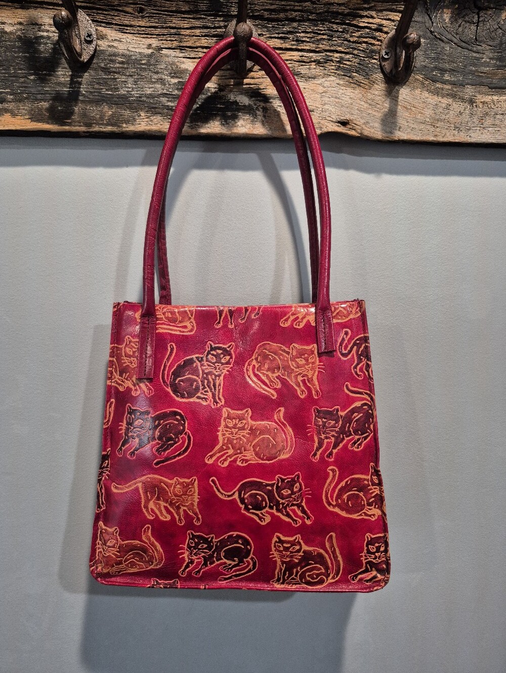 Vintage Shantiniketan Hand Tooled Leather Cat Tote Red Shoulder Bag Cat Motif